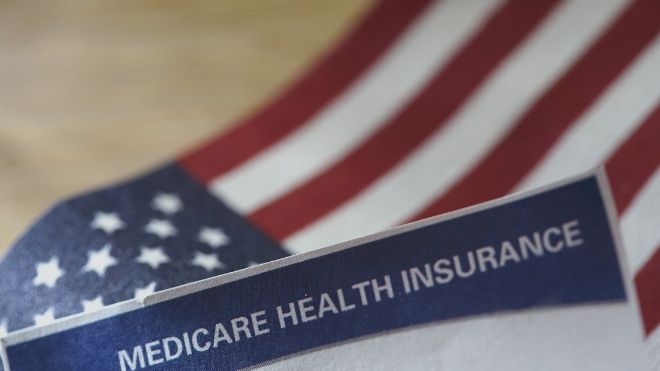 Medicare health insurance card in front of American flag