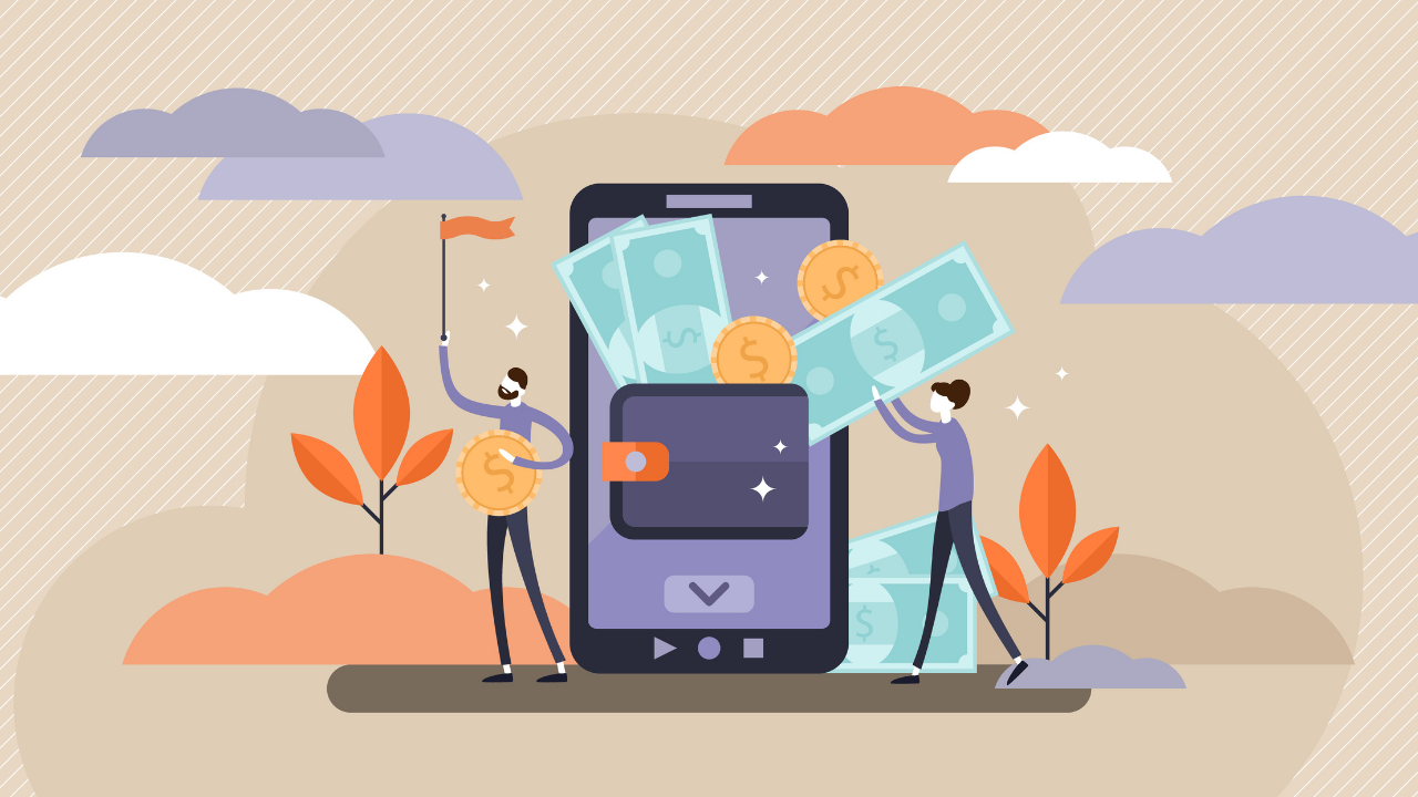 cartoon image of people depositing cash and funds into an electronic phone, representing services like cash app