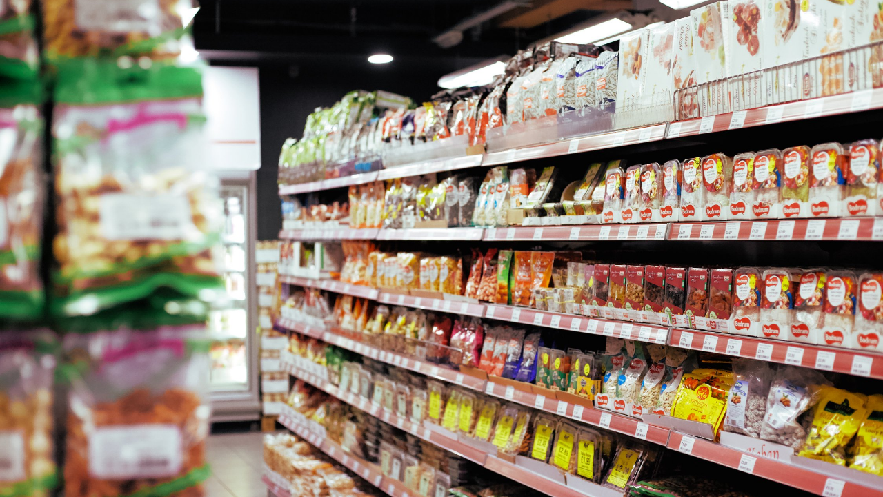 grocery aisle where food stamp SNAP eligible items are stocked on shelves