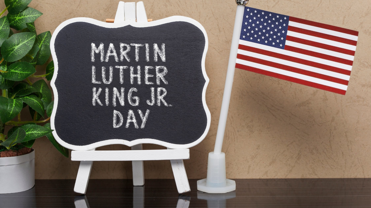 small chalkboard saying "Martin Luther King Jr. day" next to a potted plant and American flag