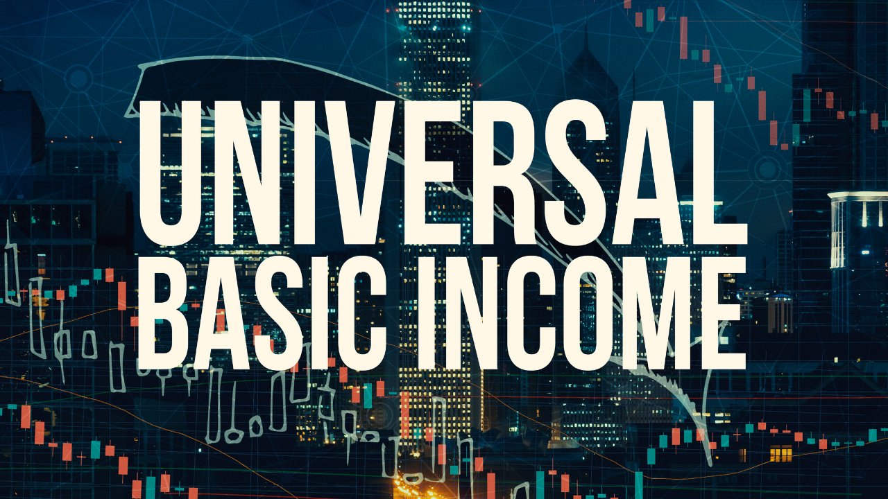 blue and white graphic with a city skyline behind the words "Universal Basic Income" which stands for UBI