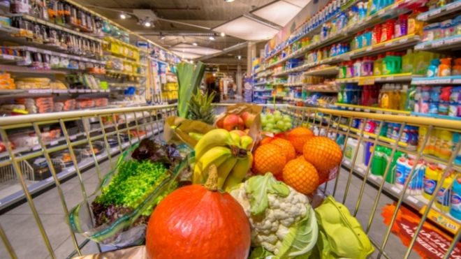grocery cart filled with food stamp snap eligible foods