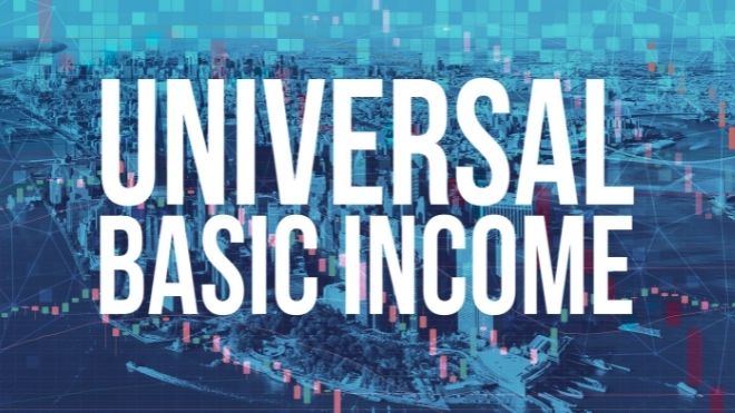 universal basic income, or UBI, graphic with white text on a blue background
