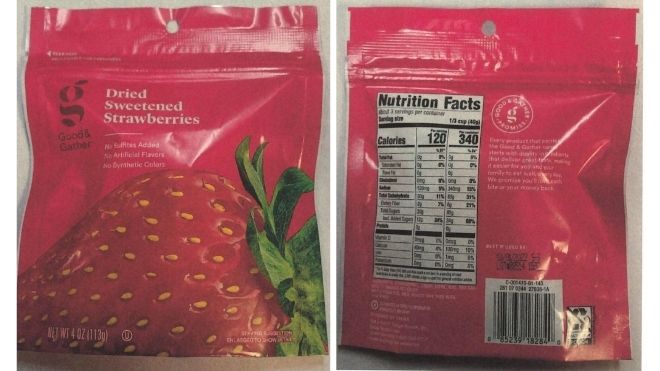 Recalled dried strawberries. Photos sourced from FDA.