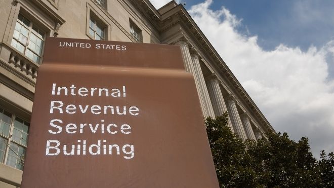 IRS building sign for the agency that accepts tax returns and sends tax refunds