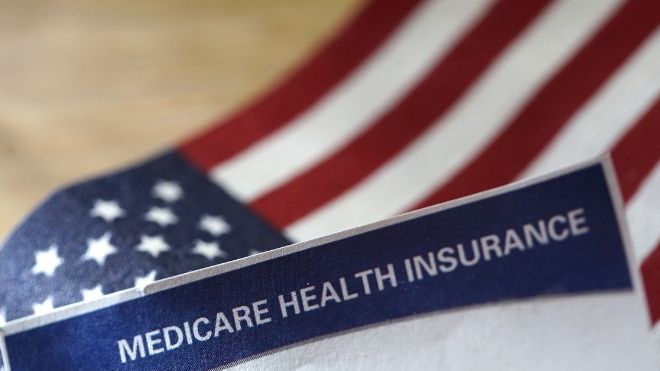 Medicare card in front of American flag