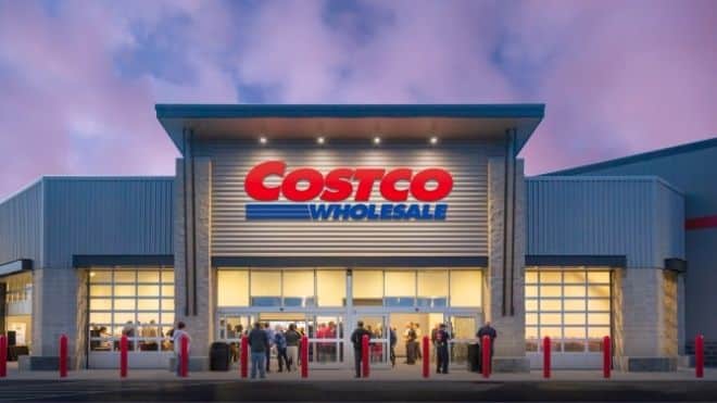 Costco storefront where inflation has caused food court prices to rise.