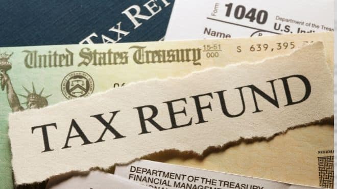 Tax Refund graphic with a check and payment from the IRS.