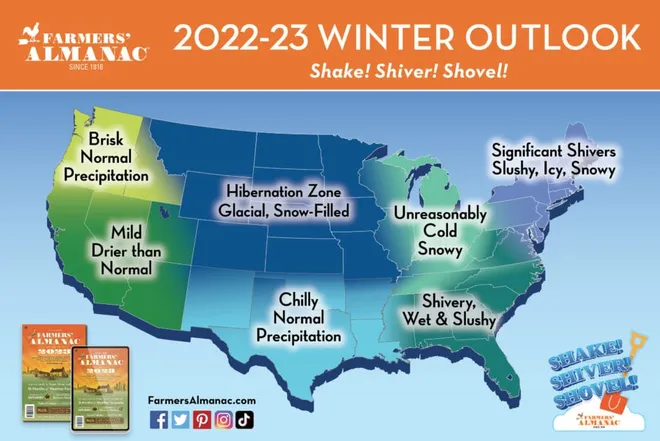 Farmer's Almanac predictions with the winter forecast for the 2022-23 season.
