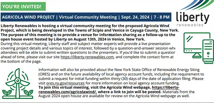Agricola Wind LLC – Agricola Wind Project Cayuga County, NY - 60 day notice of intent to file an application
