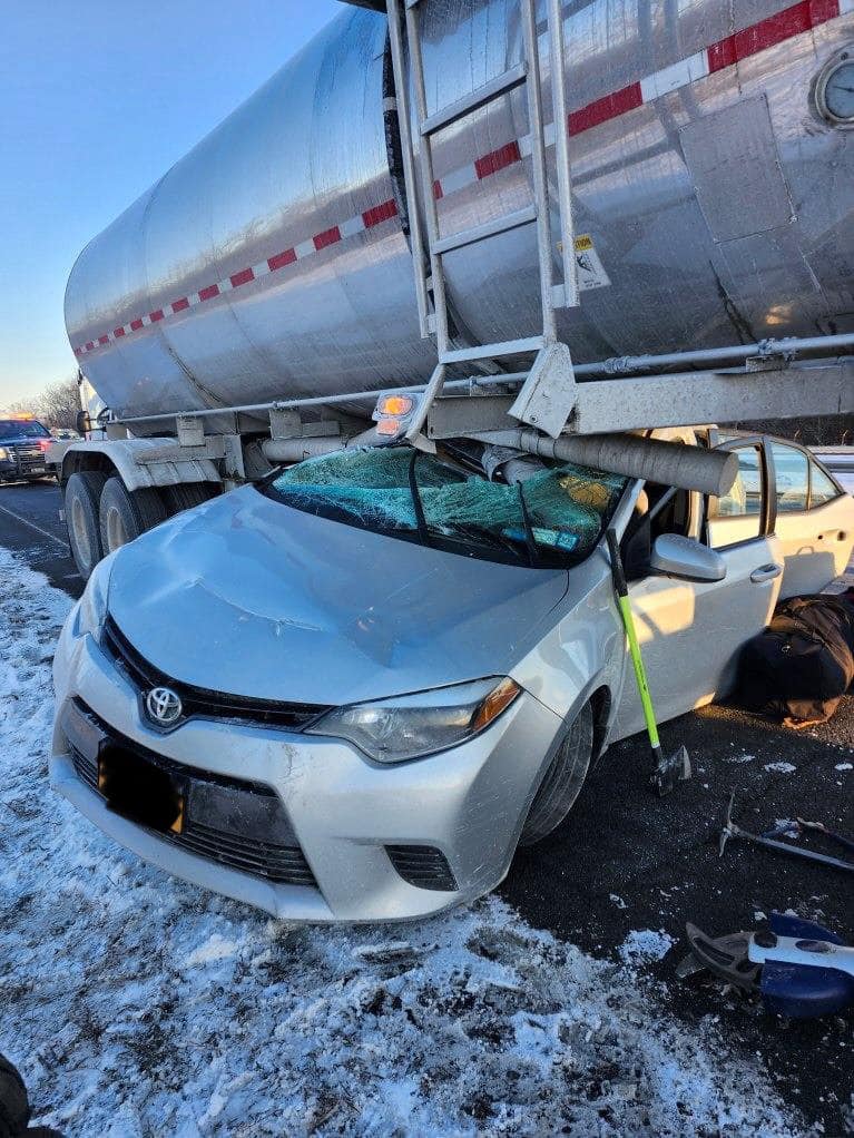 Car wedged under tractor-trailer on NYS Thruway; no injuries reported Car wedged under tractor-trailer on NYS Thruway; no injuries reported