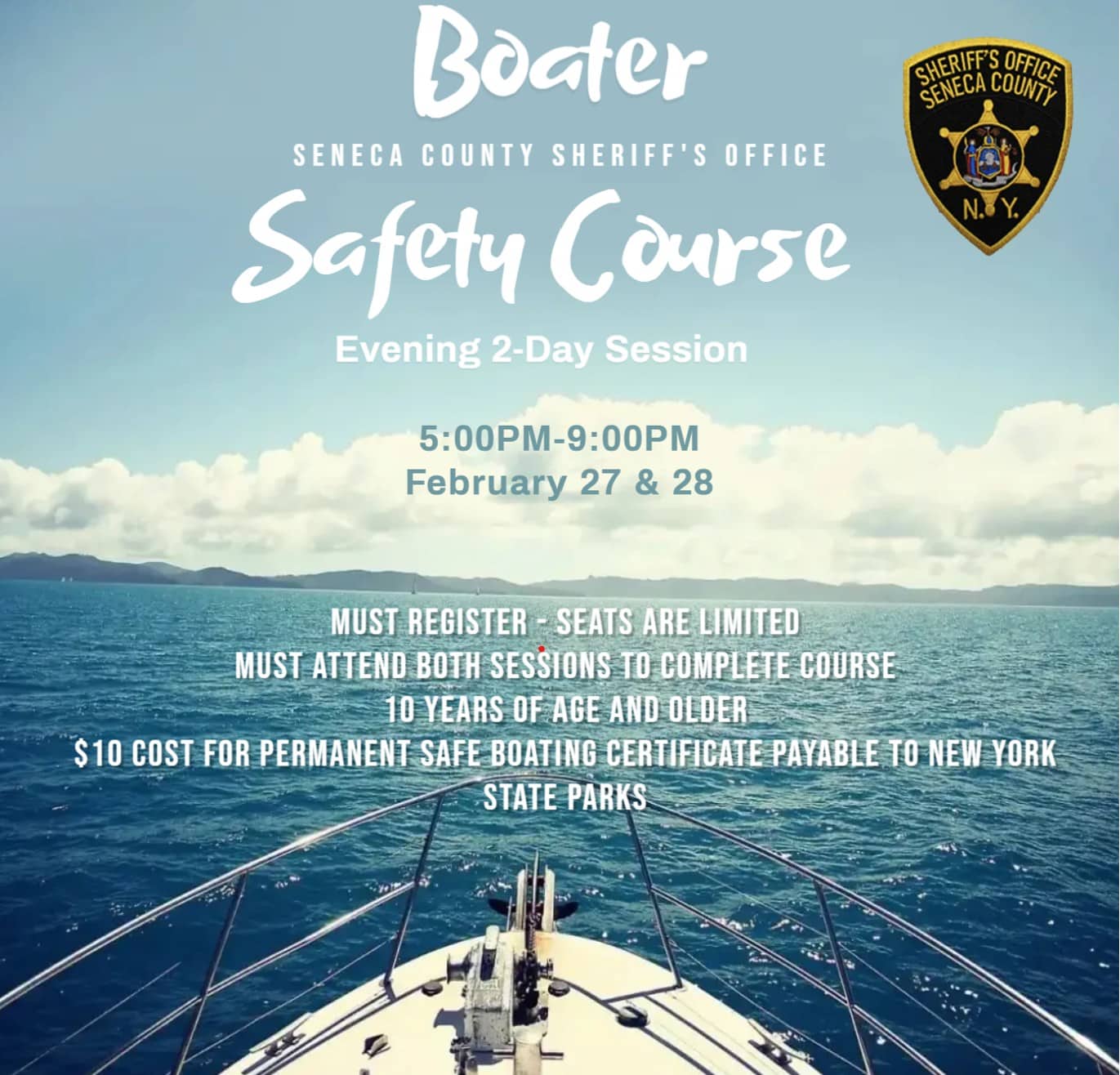 Seneca County Sheriff’s Office offering free boater safety course Seneca County Sheriff’s Office offering free boater safety course