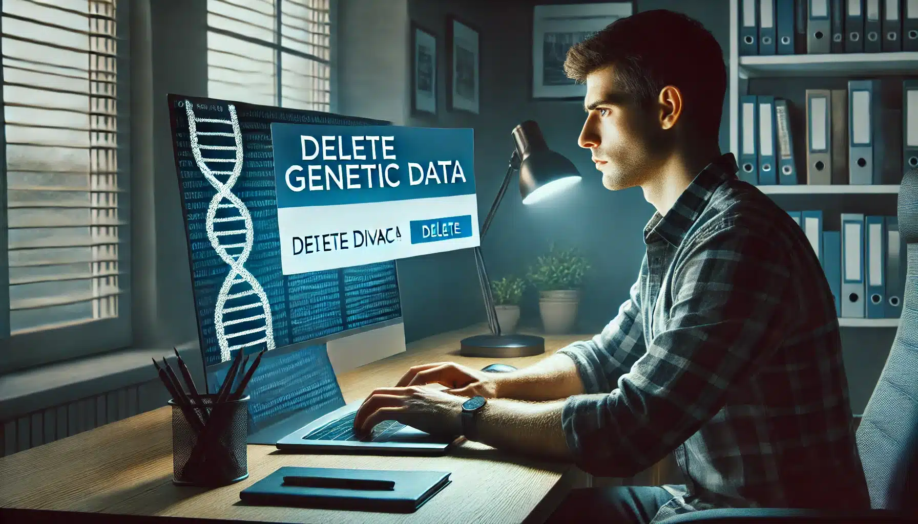 Person using a laptop to delete genetic data, emphasizing data privacy and cybersecurity.