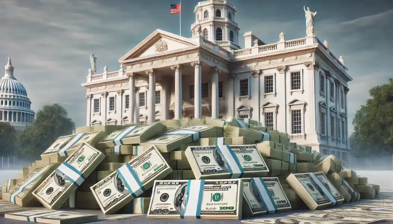 Pile of U.S. dollar bills stacked in front of a grand government building, symbolizing financial stimulus.