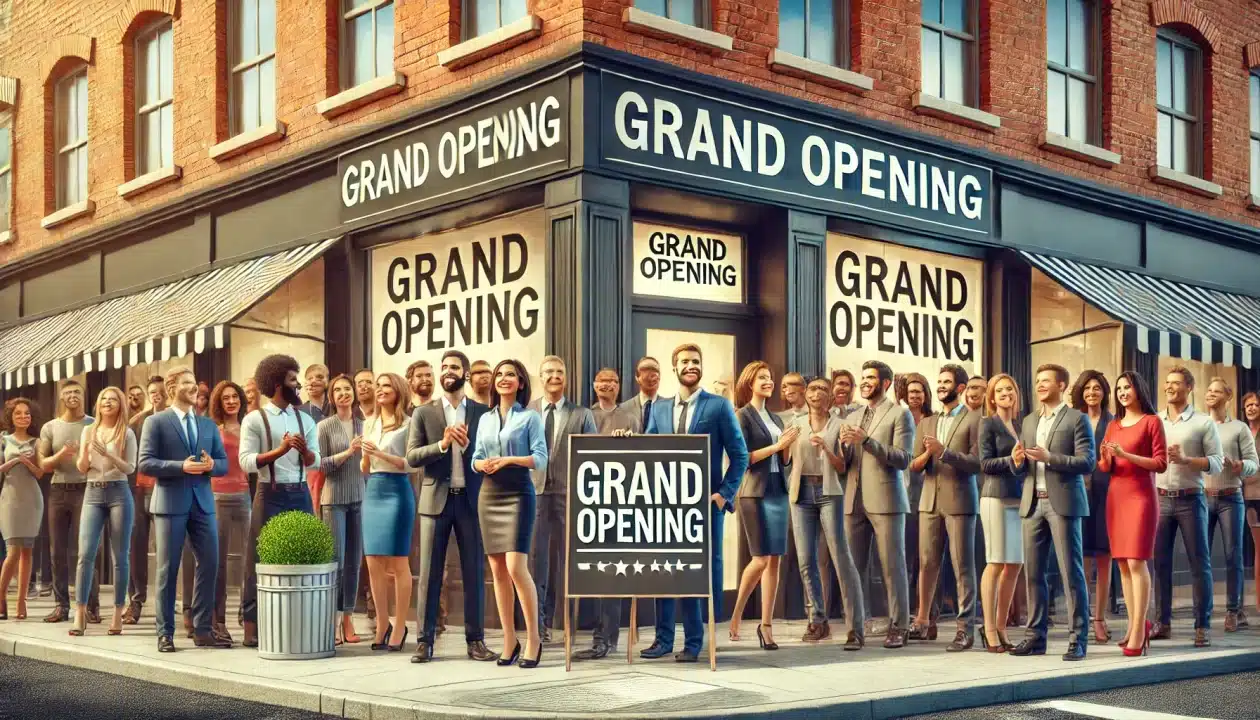 Small business grand opening with Hispanic entrepreneurs celebrating outside a storefront