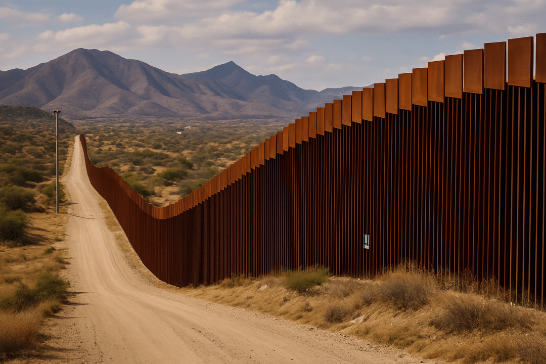 A rust-colored steel border fence stretches across rugged terrain at the U.S.–Mexico border, with mountains and desert vegetation in the background under a partly cloudy sky.