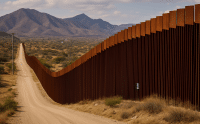 A rust-colored steel border fence stretches across rugged terrain at the U.S.–Mexico border, with mountains and desert vegetation in the background under a partly cloudy sky.