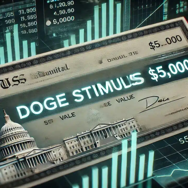 A futuristic digital rendering of a government-issued DOGE Stimulus check for $5,000, with the U.S. Capitol in the background and financial data overlays