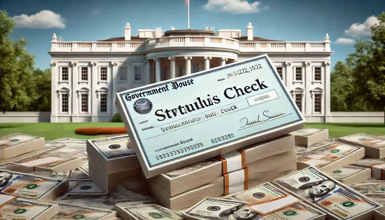 A generic government-issued doge stimulus check placed on a pile of cash, with the White House in the background under a clear blue sky, symbolizing financial relief.