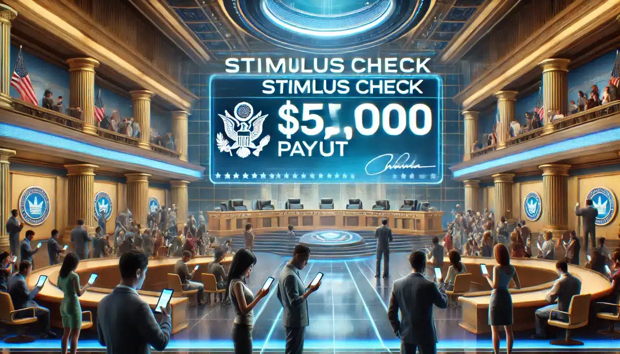 Doge Stimulus checks at center of debate in futuristic government office with a digital display reading 'Stimulus Check: $5,000 Payout.' A diverse group of people excitedly check their smartphones for financial notifications. The background features a large U.S. government seal, symbolizing official economic policy, with sleek blue and gold lighting emphasizing a high-tech financial theme.