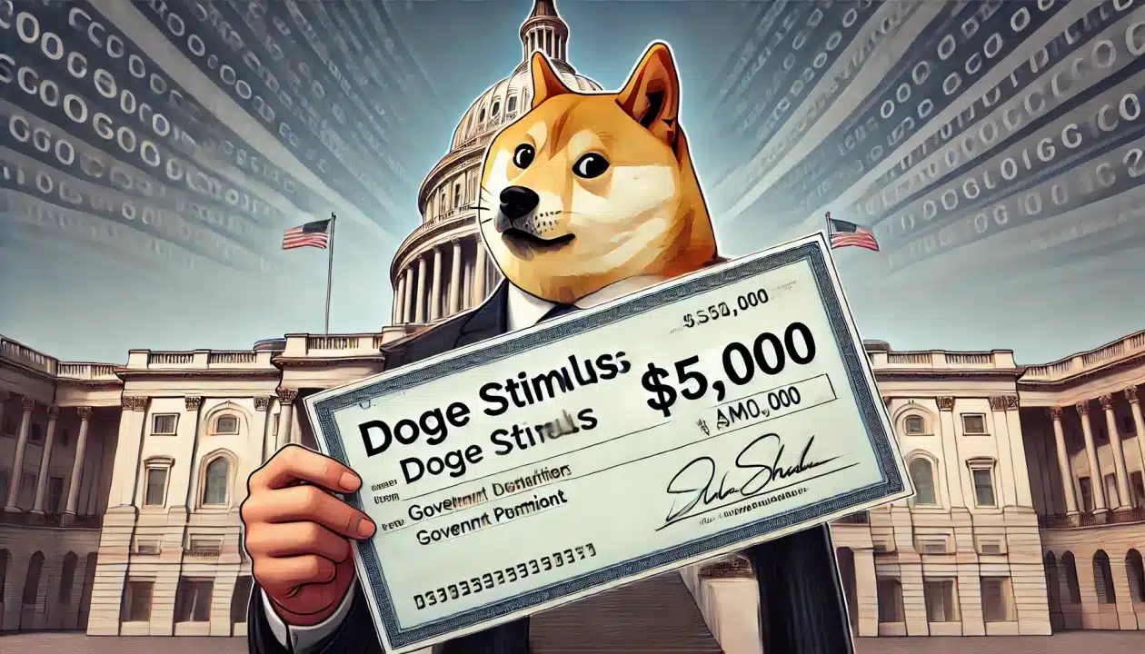Illustration of a $5,000 DOGE stimulus check with the U.S. Capitol building.