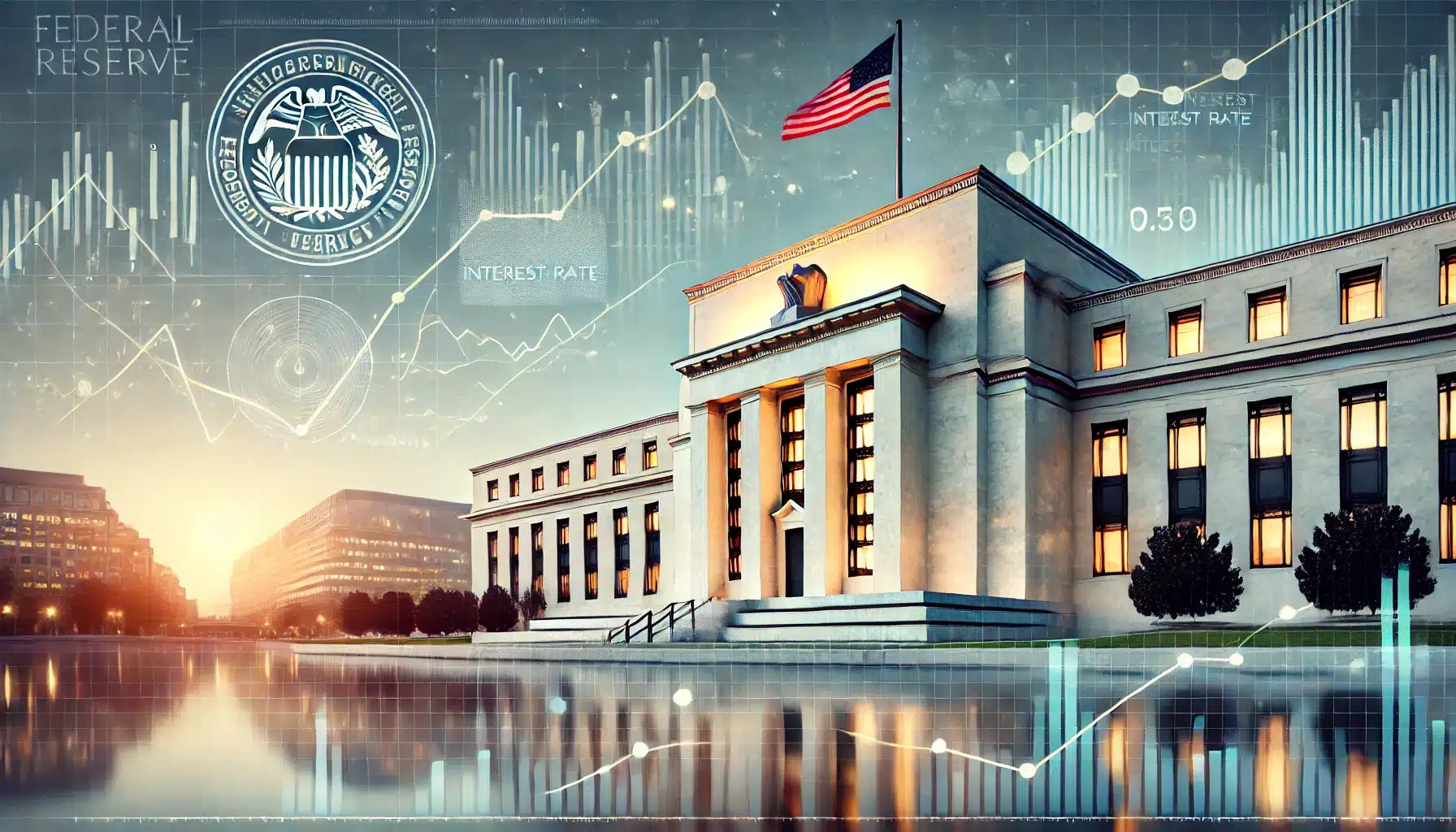 Federal Reserve building in Washington, D.C., with an American flag waving and financial charts in the background.