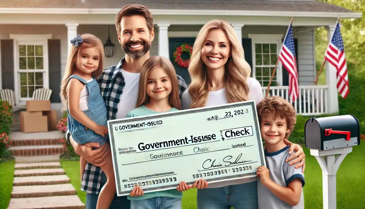 American family of four outside their home, holding a large blank government check, with a U.S. flag and front yard in the background.