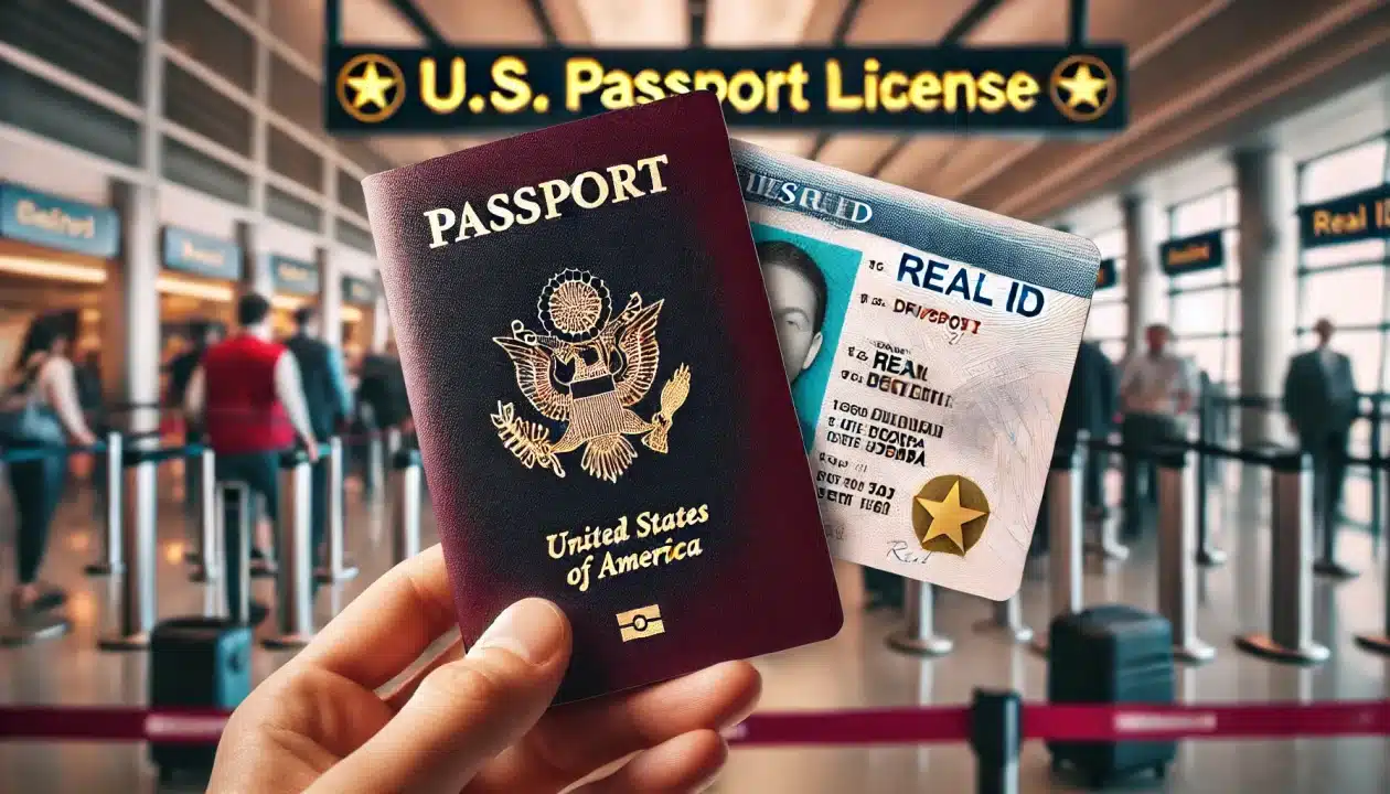 A side-by-side comparison of a U.S. passport and a REAL ID-compliant driver's license. The passport is open, displaying a generic passport page, while the REAL ID features a gold star in the top right corner. A blurred airport security checkpoint with travelers passing through is visible in the background.