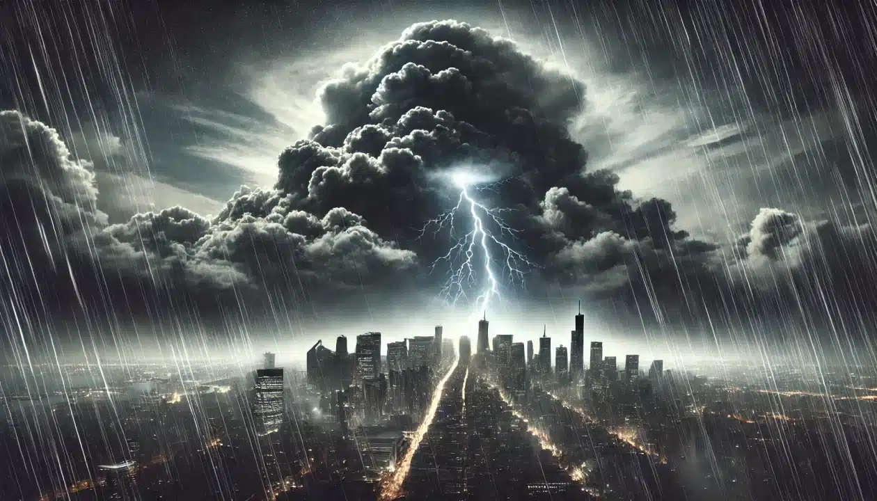 A storm cloud with lightning over a city skyline, representing the severe weather outbreak affecting the Midwest.
