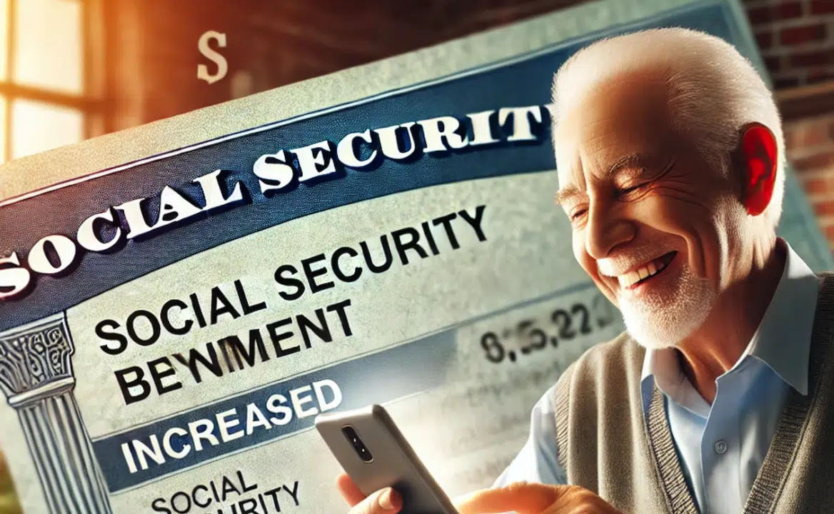 Older American checking their increased Social Security payment on a smartphone, with financial documents and a benefits letter in the background