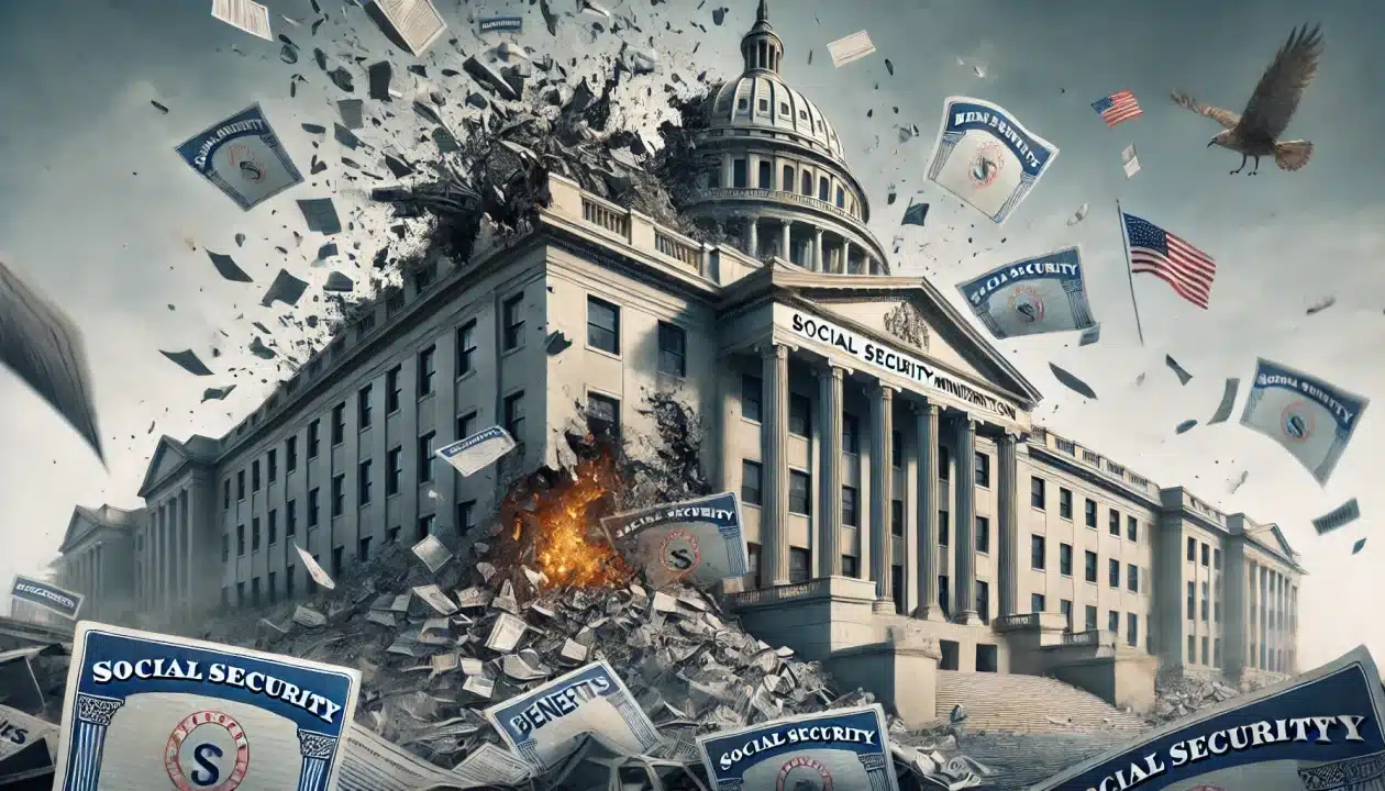 The Social Security Administration building being torn apart, symbolizing budget cuts and dismantling of benefits.