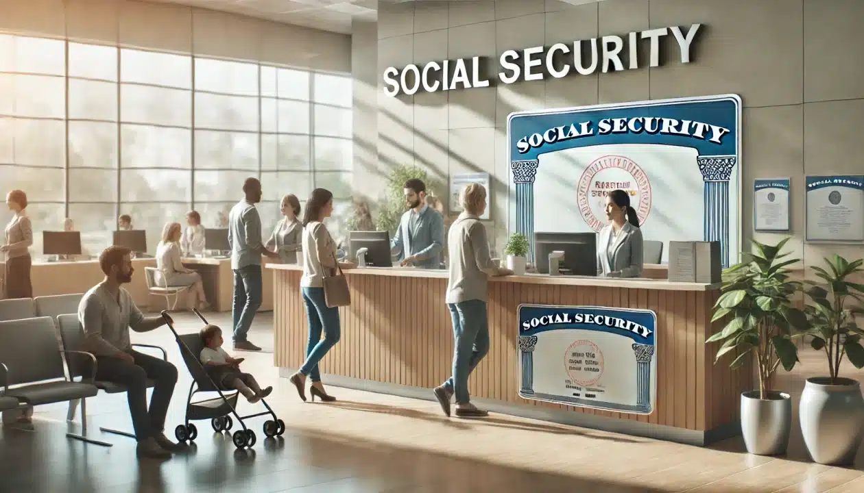 Social Security office front desk with staff verifying IDs and helping visitors, including a parent and child, in a secure, professional setting.