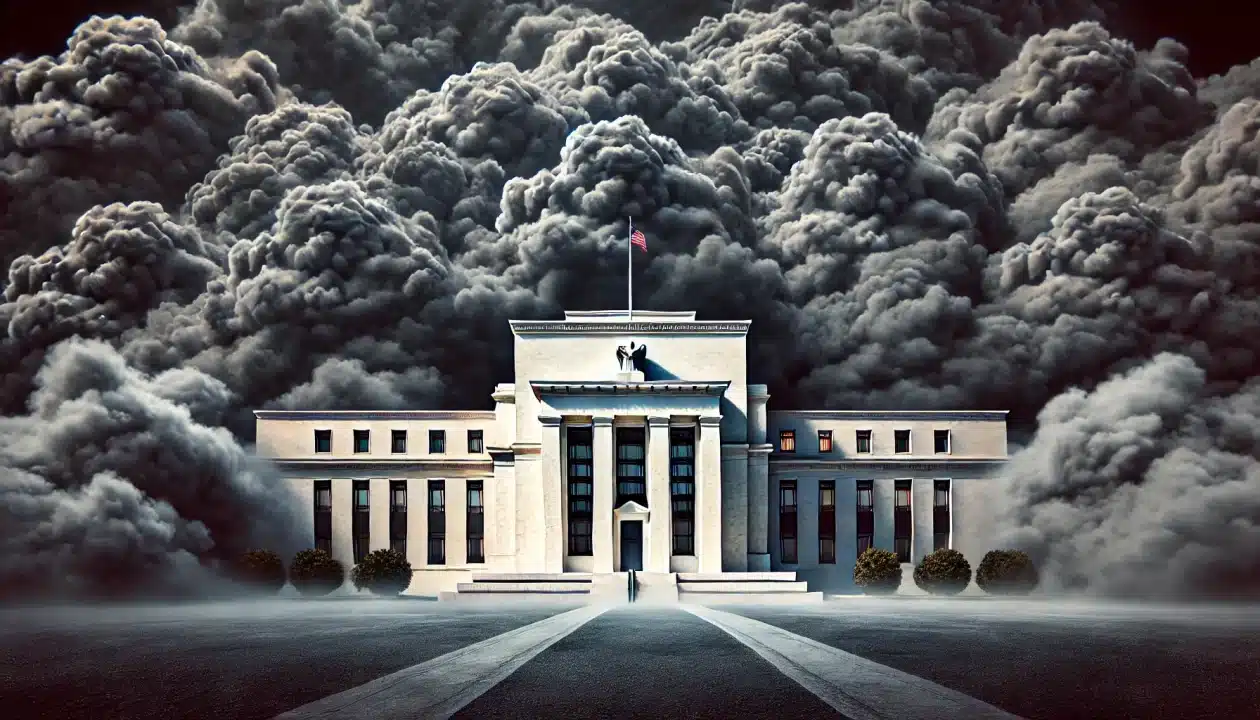 U.S. Federal Reserve building under dark storm clouds, symbolizing economic uncertainty