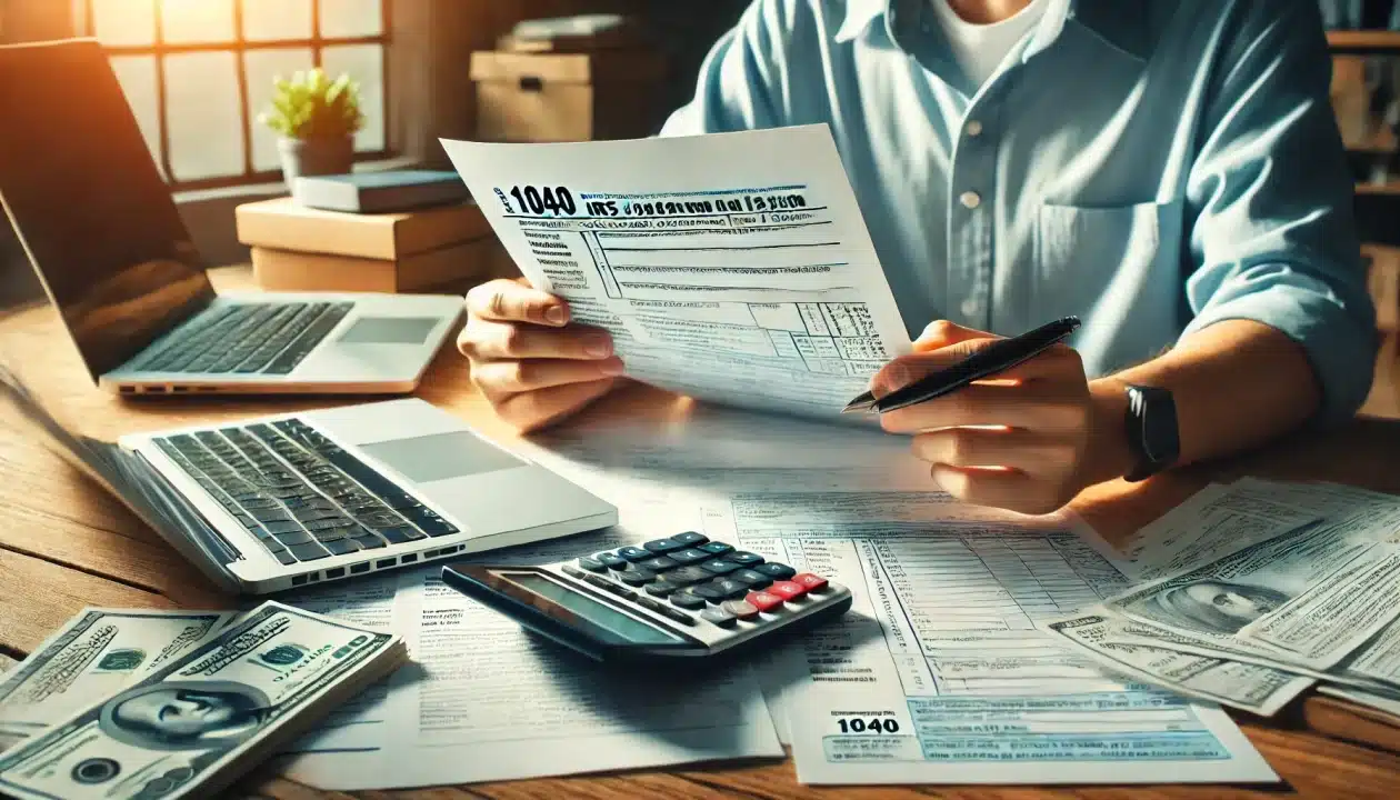 A taxpayer reviewing 2021 tax documents with a laptop and calculator, preparing to claim a missing stimulus payment.