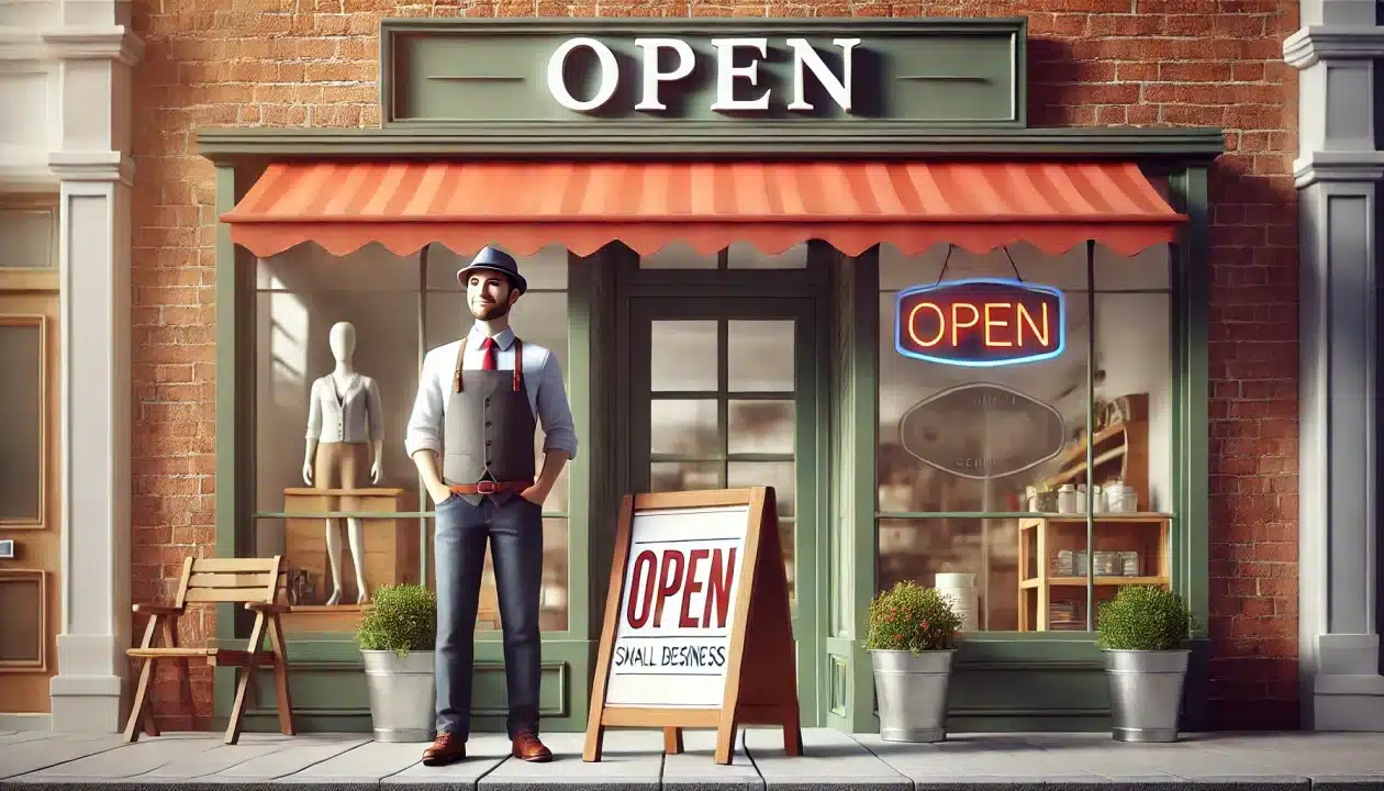 Small business owner holding an 'Open' sign in front of their shop, symbolizing entrepreneurship.