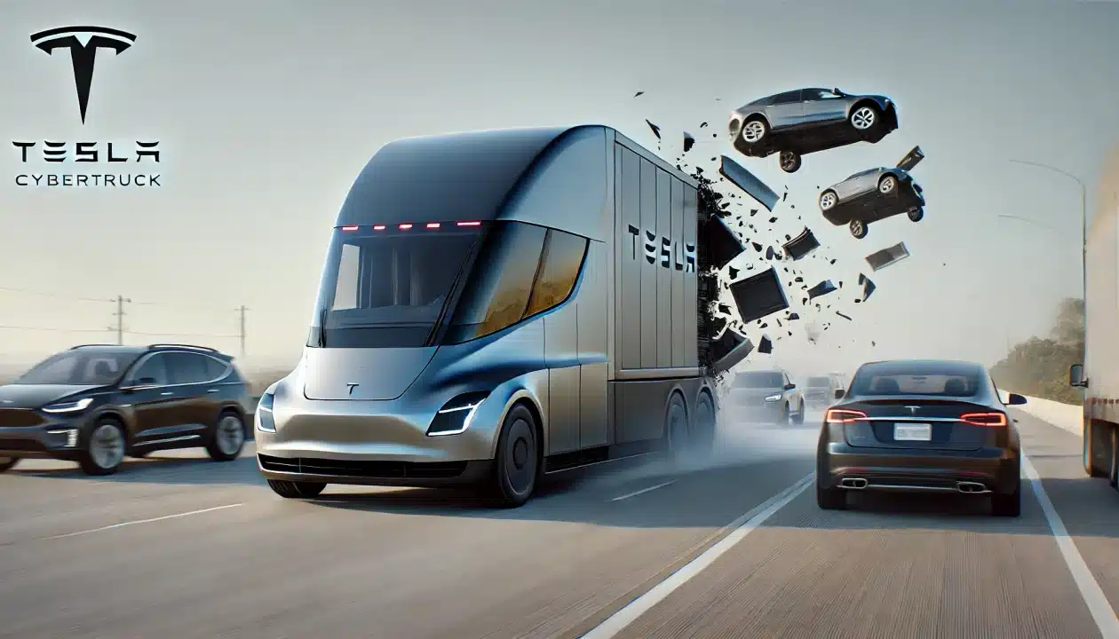 A Tesla Cybertruck with a detached exterior panel flying off on a highway, causing a potential road hazard.