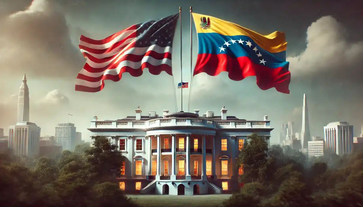 The White House with two competing flags, the American and Venezuelan, symbolizing the political and legal battle over Trump’s deportation policies.