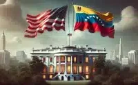 The White House with two competing flags, the American and Venezuelan, symbolizing the political and legal battle over Trump’s deportation policies.