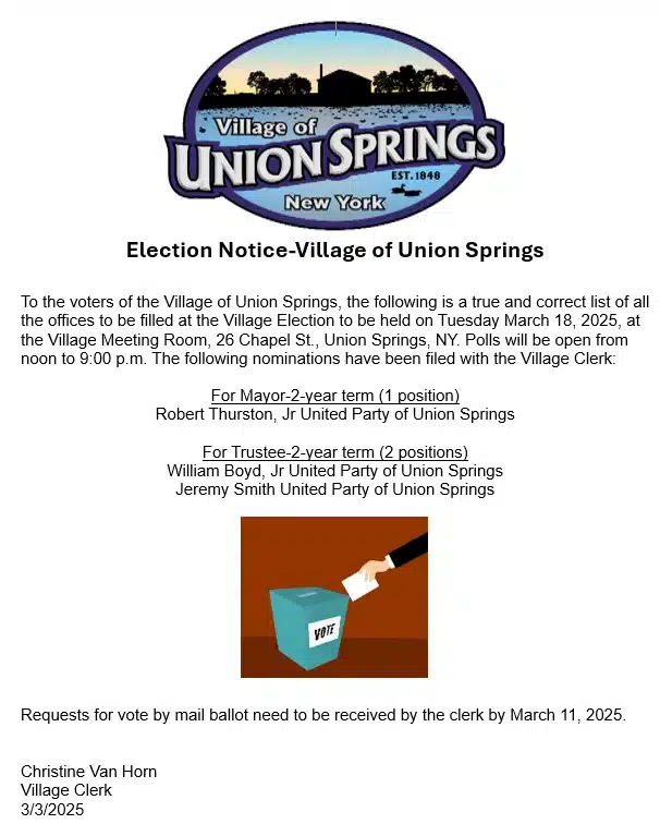 Union Springs announces candidates for village election Union Springs announces candidates for village election