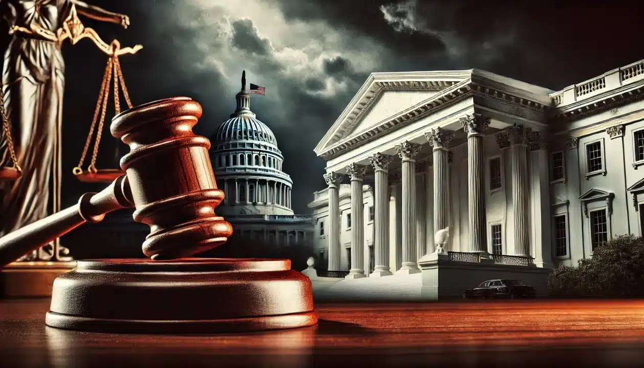 A dramatic courtroom scene depicting the legal battle between the White House and the U.S. judicial system. A judge’s gavel is in the foreground, with the White House on one side and a federal courthouse on the other, symbolizing the clash between executive authority and judicial oversight under stormy skies.