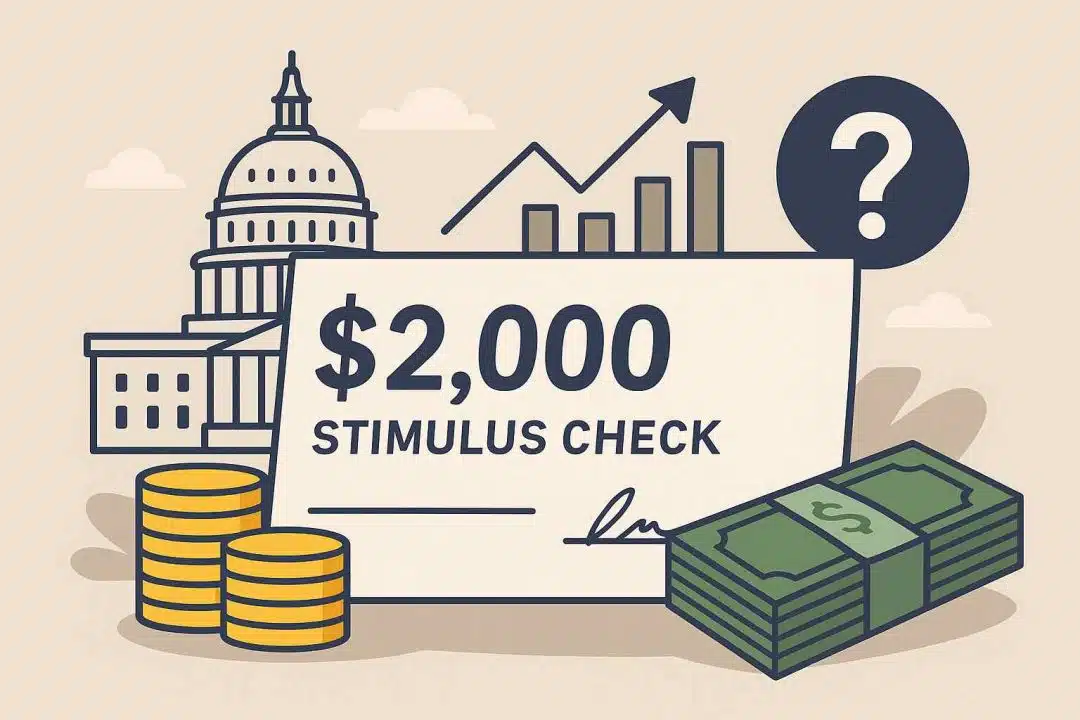 Illustration of a $2,000 stimulus check with U.S. Capitol, money symbols, a question mark, and growth chart, representing economic aid uncertainty.