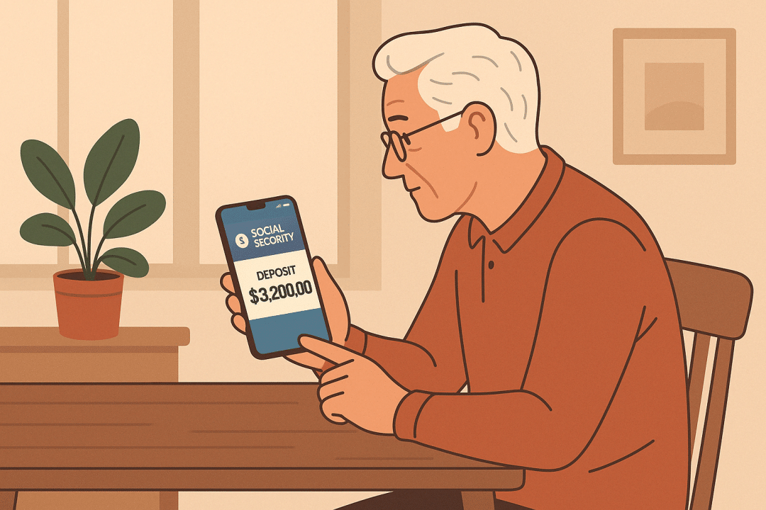 Flat-style illustration of an elderly man checking his smartphone, which displays a $3,200 Social Security deposit notification