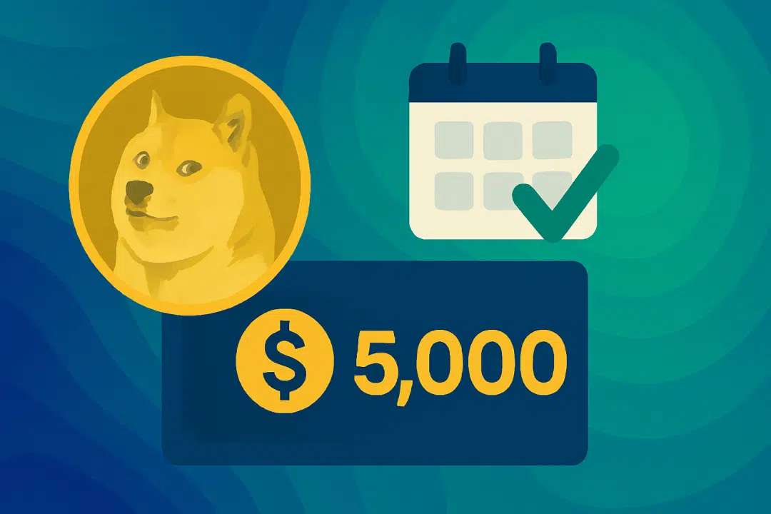 Abstract digital illustration showing a Dogecoin coin, money symbols, a checklist, and a $5,000 icon connected by arrows, symbolizing the DOGE Stimulus Check proposal.