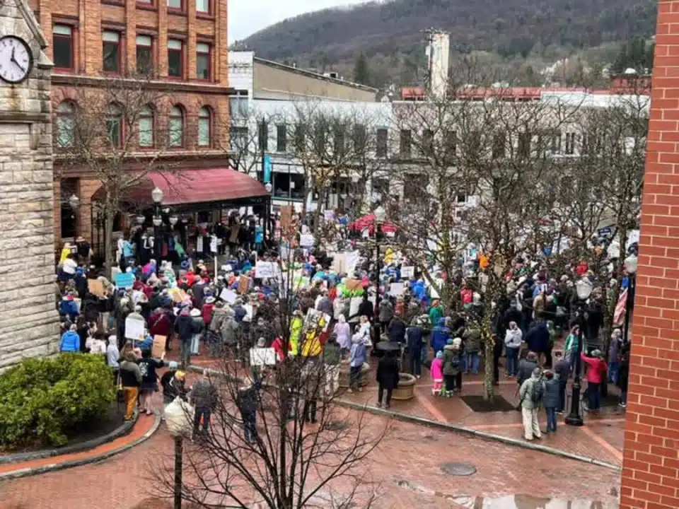Protesters in Corning, NY on April 2, 2025