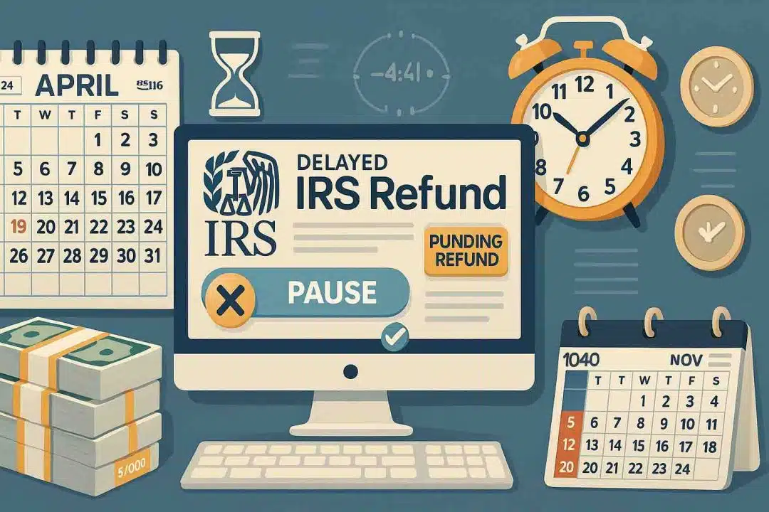 Flat-style digital illustration showing a delayed IRS tax refund, with a computer screen displaying "IRS Refund Paused," surrounded by clocks, calendars, cash stacks, and tax forms.