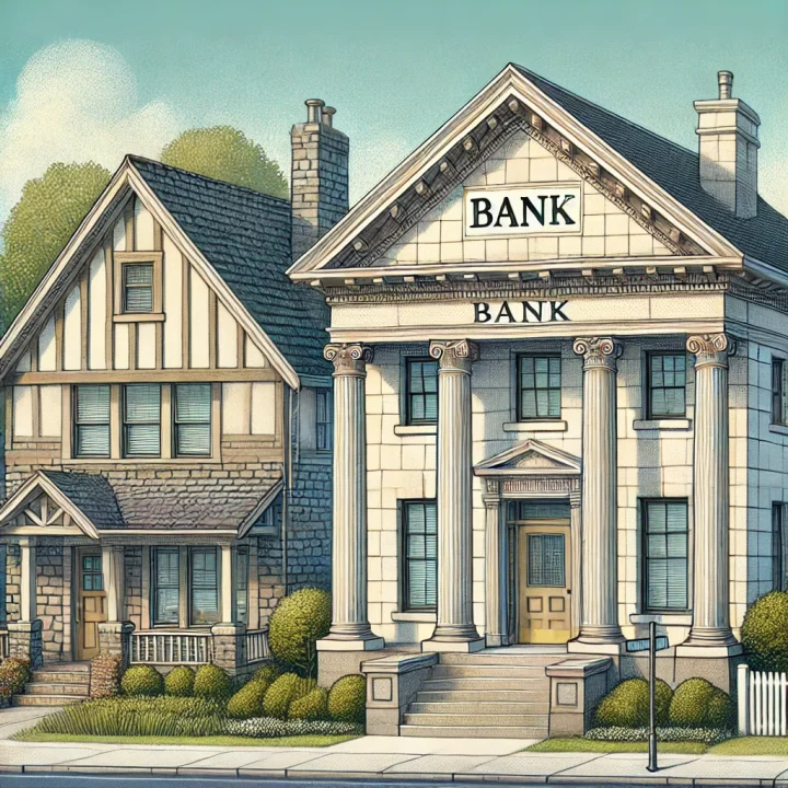Illustration of a traditional bank building with white columns next to a cozy suburban house with a front porch, set on a quiet neighborhood street during daytime.