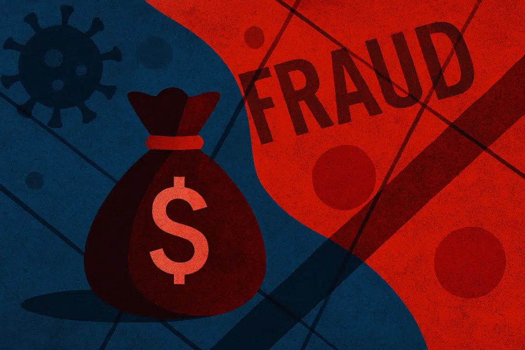 Abstract illustration symbolizing pandemic relief fraud, featuring distorted government forms, scattered currency, and fragmented digital elements.