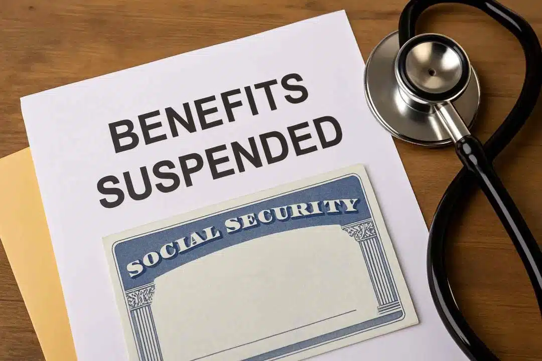 Social Security card next to a stethoscope and benefit suspension notice on a wooden desk.