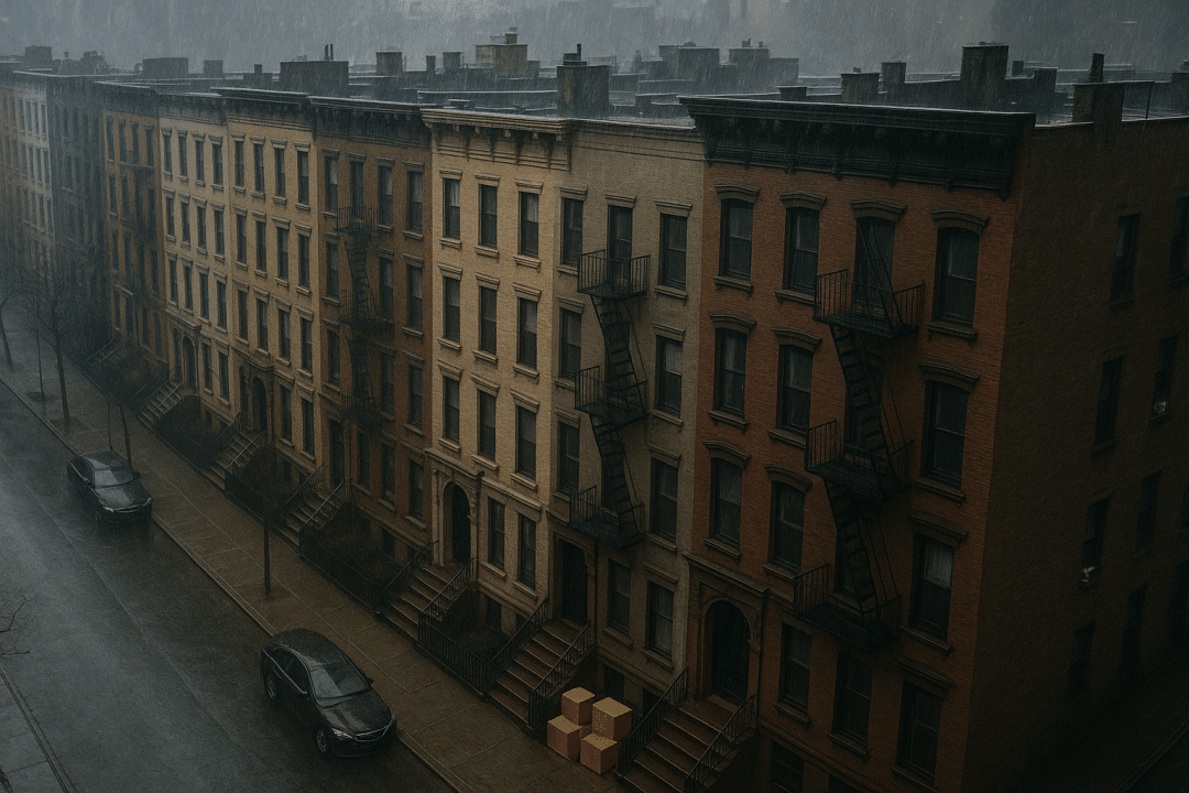 Aerial view of city apartment buildings in the rain with moving boxes on the sidewalk, symbolizing housing instability tied to the Section 8 crisis.