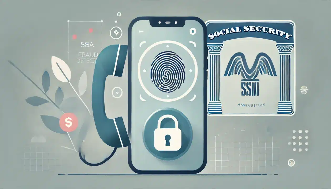 A phone handset with a digital fingerprint or lock icon overlay, representing fraud detection during a Social Security phone claim, with a subtle SSA logo in the background.